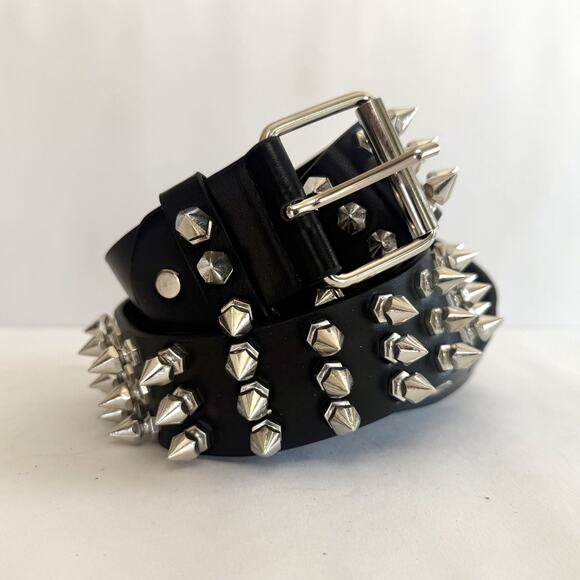 Y2K Black Leather Punk Belt Silver Studs Adjustable Fits 26-36 Unisex Style - Picture 2 of 13